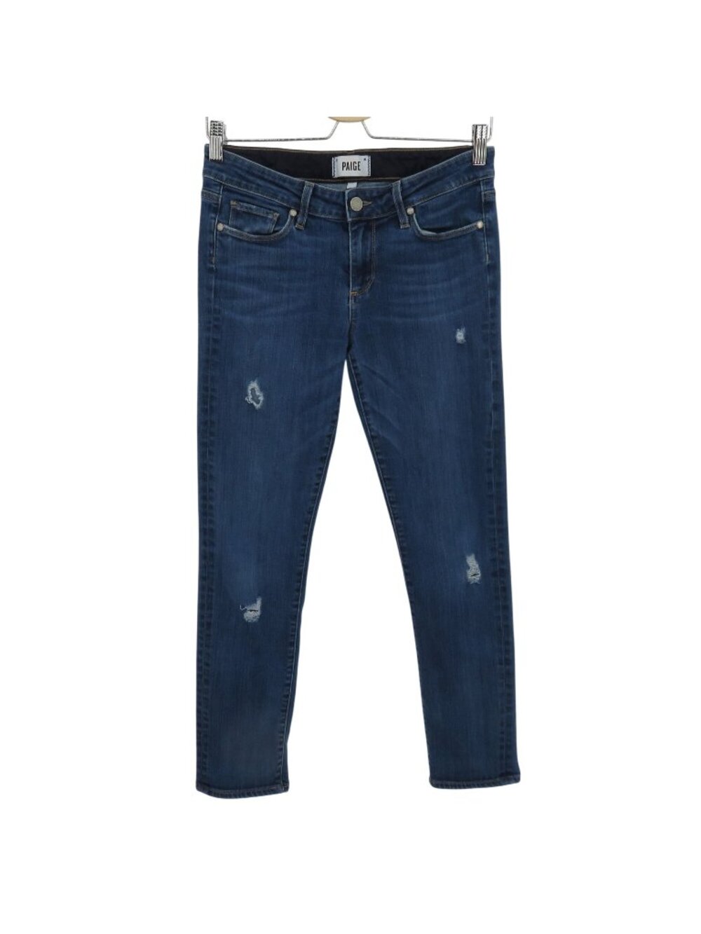 Paige Women 28 Skyline Ankle Peg Lyric Distressed Blue Denim Jeans Cotton Blend
